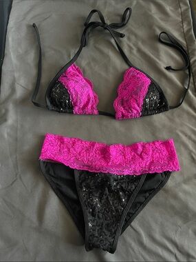Black sequin Bikini Set with Pink Lace